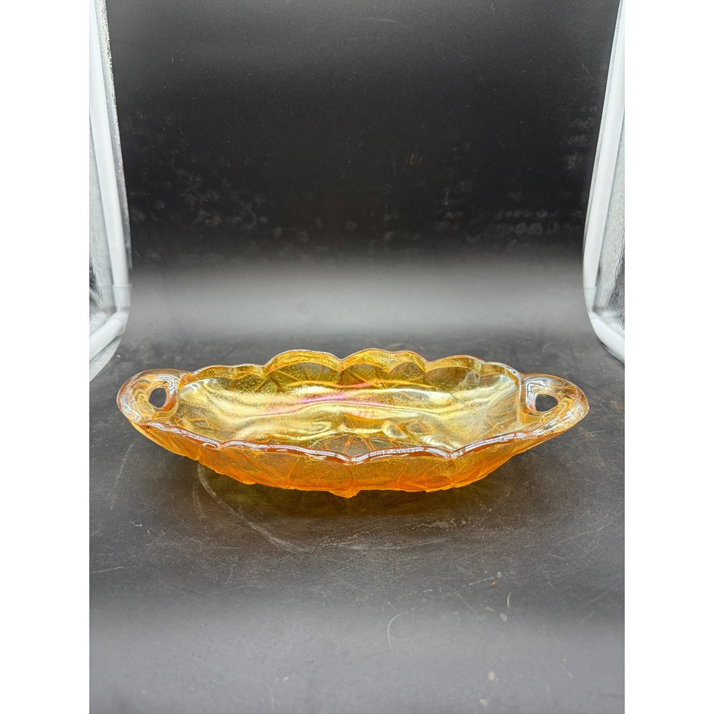 Vintage Marigold Carnival Glass Sunflower Relish Dish Iridescent Amber‎ Bowl